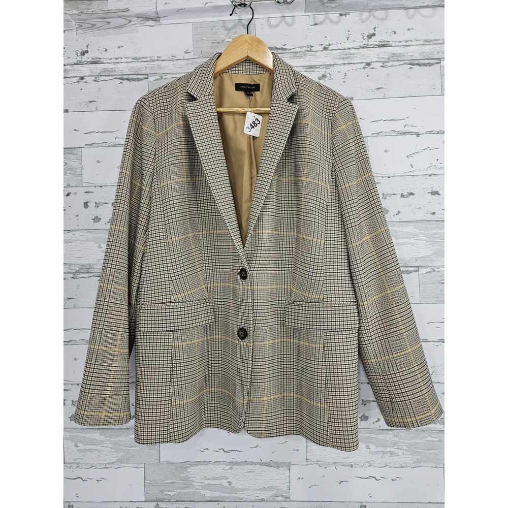 Ann Taylor Women 12 Glen Plaid Blazer Neutral Tones Beige Academia - Picture 1 of 11